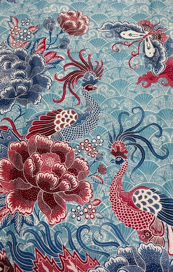 A pair of Heavenly Phoenix among the Flowers Fan - Blue