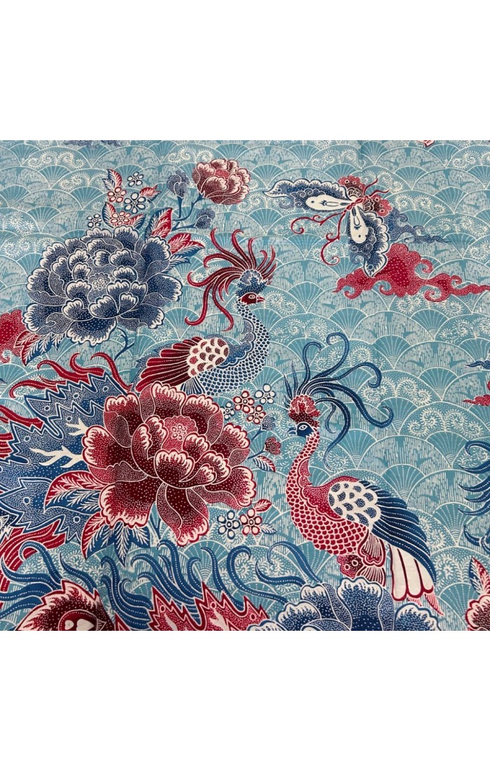 A pair of Heavenly Phoenix among the Flowers Fan - Blue